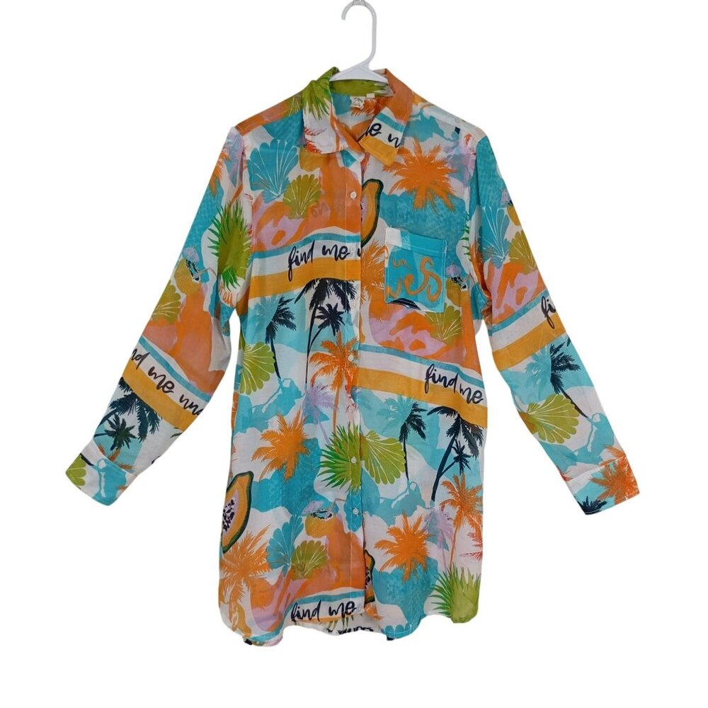 Violet Sky Shirt Tropical Print Button-Up Sz L Cotton Blend Vibrant Colors Women